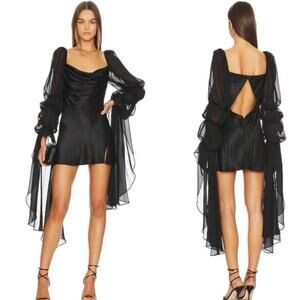 For Love & Lemons Willow Mesh Statement Sleeve Draped Mini Dress Black NWT XS